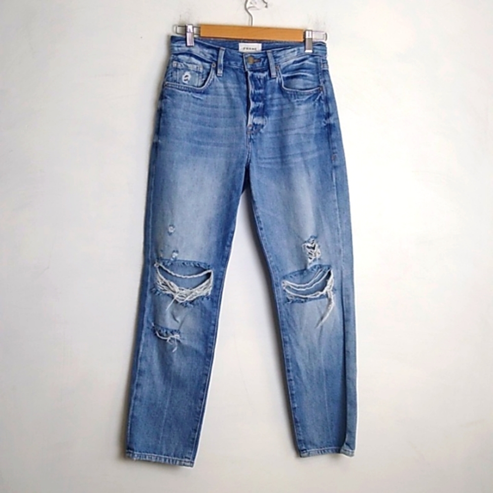 FRAME Women’s Le Original High rise Distressed Button fly Jeans sz 25 light wash